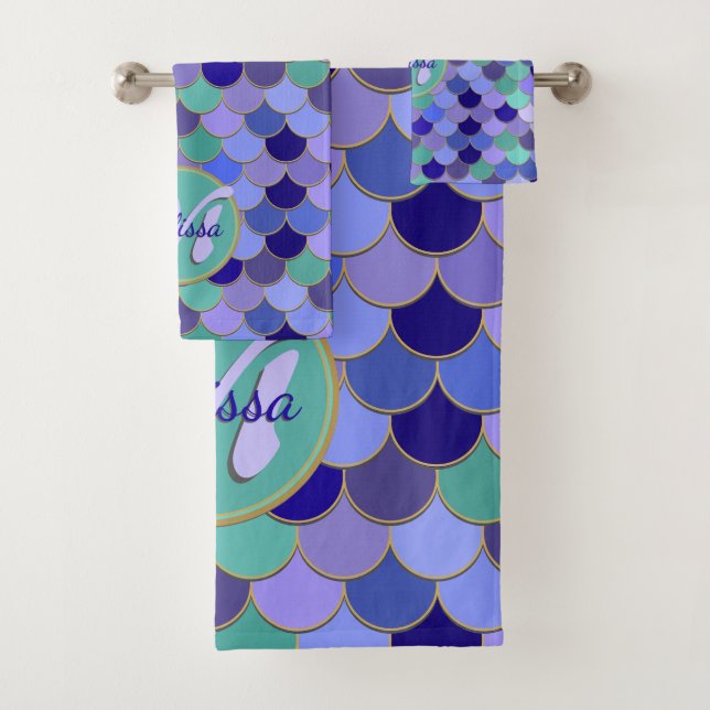 Mermaid Aqua Aquamarin Lila Blue | Monogramm + Nam Badhandtuch Set (Insitu)