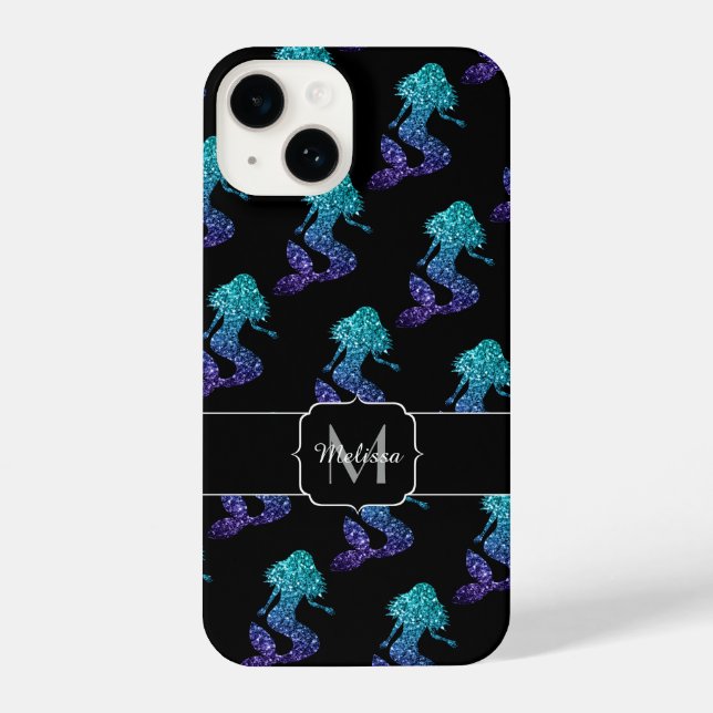 Mermaid aqua blue ombre Glitzern muster Monogram iPhone 14 Hülle (Rückseite)