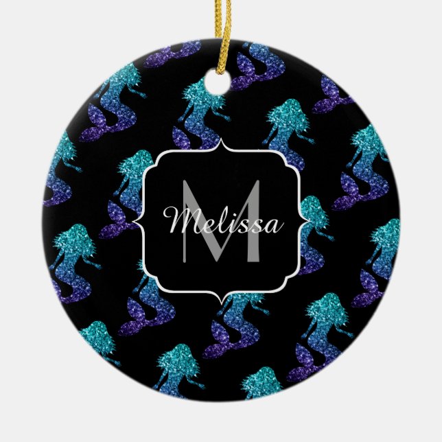 Mermaid aqua blue ombre Glitzern muster Monogram Keramik Ornament (Vorne)