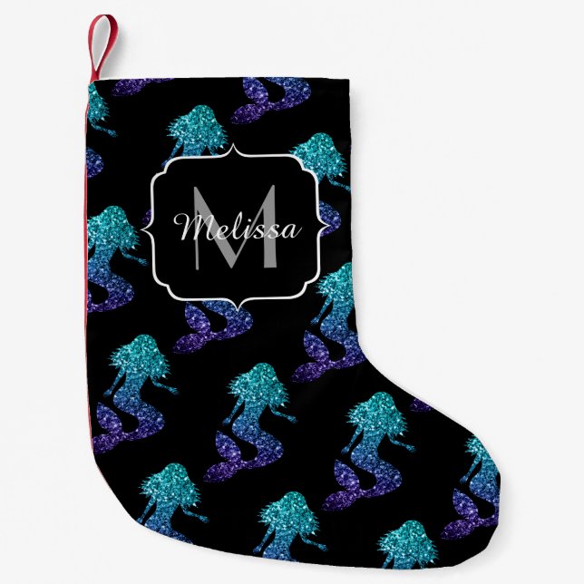 Mermaid aqua blue ombre Glitzern muster Monogram Kleiner Weihnachtsstrumpf (Vorderseite)