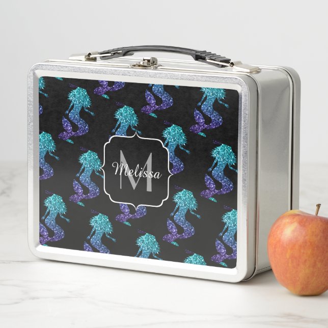 Mermaid aqua blue ombre Glitzern muster Monogram Metall Brotdose (Beispiel)
