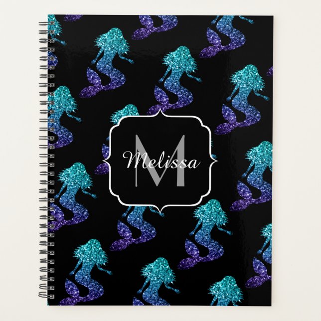 Mermaid aqua blue ombre Glitzern muster Monogram Planer (Vorderseite)