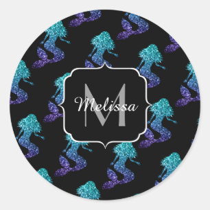 Mermaid aqua blue ombre Glitzern muster Monogram Runder Aufkleber