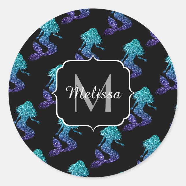Mermaid aqua blue ombre Glitzern muster Monogram Runder Aufkleber (Vorderseite)