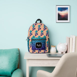 Mermaid aqua blue ombre Glitzern peach Monogram Bedruckter Rucksack