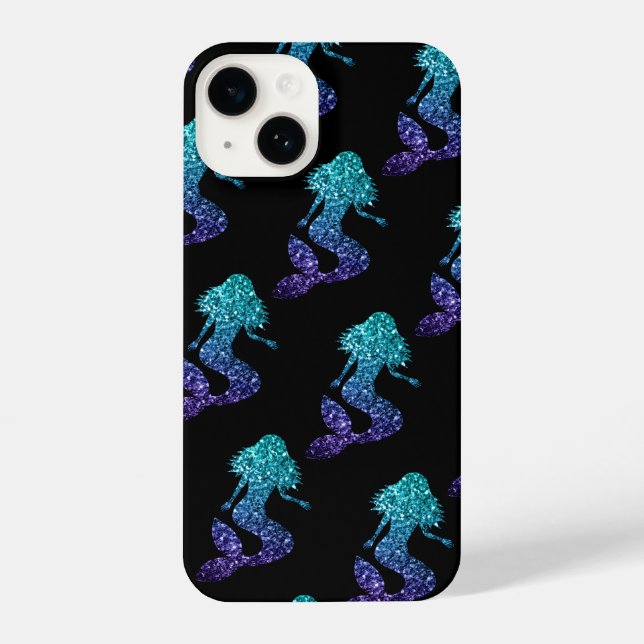 Mermaid aqua blue ombre Glitzern schwarz iPhone 14 Hülle (Rückseite)