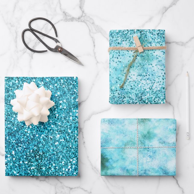 Mermaid Aqua Glitz Glitzer Geschenkpapier Set (Vorderseite)