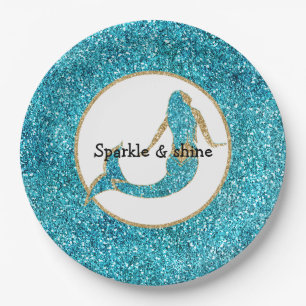 Mermaid Aqua Gold Glitz Glitzer Pappteller
