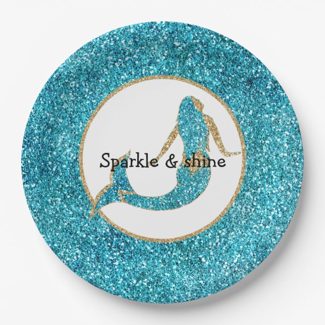 Mermaid Aqua Gold Glitz Glitzer Pappteller (Vorderseite)