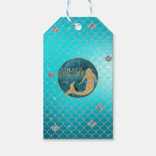 Mermaid Aqua Gold Silver Sparkle Glitzer Geschenkanhänger (Vorderseite)