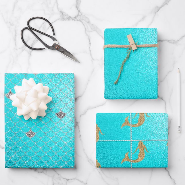 Mermaid Aqua Gold Silver Sparkle Glitzer Geschenkpapier Set (Vorderseite)