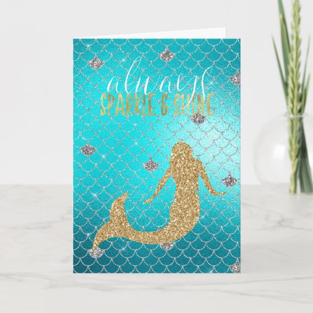 Mermaid Aqua Gold Silver Sparkle Glitzer Karte (Vorderseite)