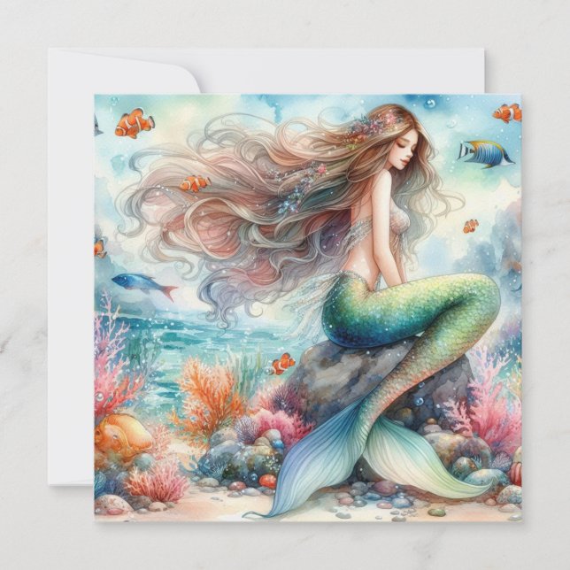 Mermaid Aquarell Einladung (Vorderseite)