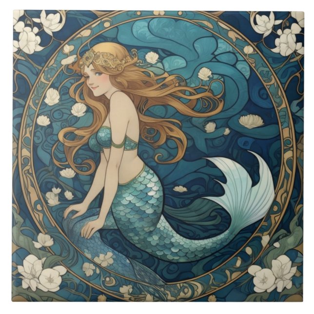 Mermaid Art Nouveau Art Deco Style Blau Fliese (Vorderseite)