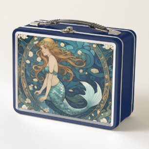Mermaid Art Nouveau Art Deco Style Blau Metall Brotdose