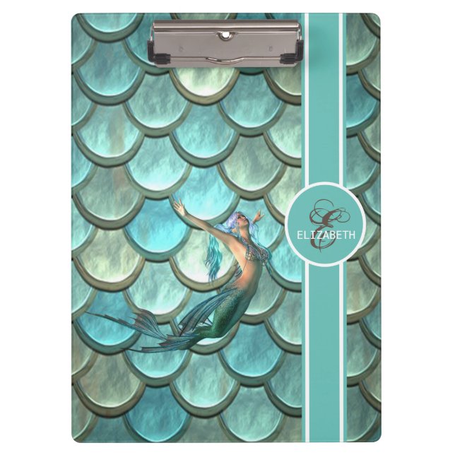 Mermaid auf Mermaid-Schwanz-Skala Monogramm Klemmbrett (Vorderseite)
