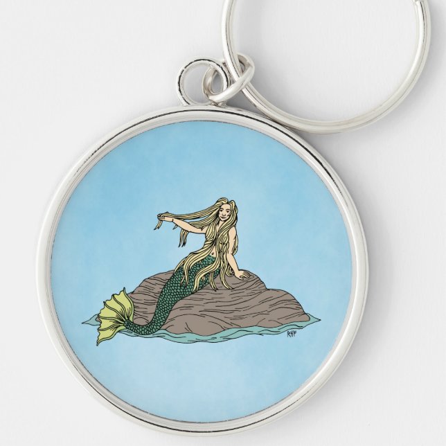 Mermaid auf Steinen Schlüsselanhänger (Vorne)