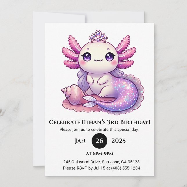 Mermaid Axolotl Princess Birthday Einladung (Vorderseite)
