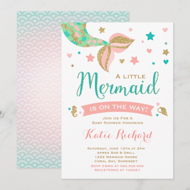Mermaid Baby Dusche Einladung Aquamarin Coral Gold (Vorne/Hinten)