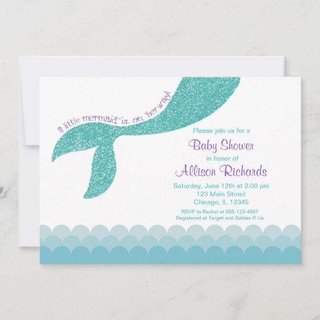 Mermaid Baby Dusche Einladung, aquamarines Aqua li Einladung (Vorderseite)