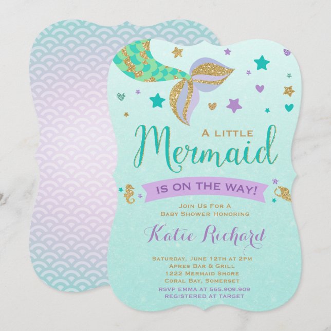 Mermaid Baby Dusche Einladung Aquamarines Lila Gol (Vorne/Hinten)