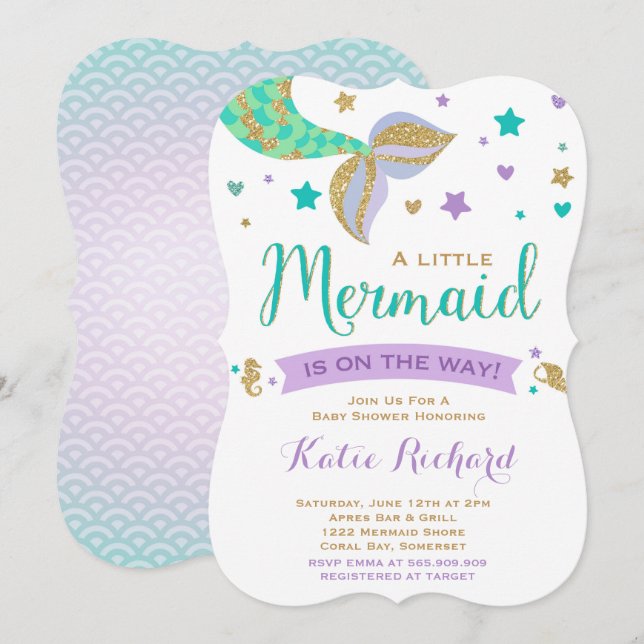 Mermaid Baby Dusche Einladung Aquamarines Lila Gol (Vorne/Hinten)