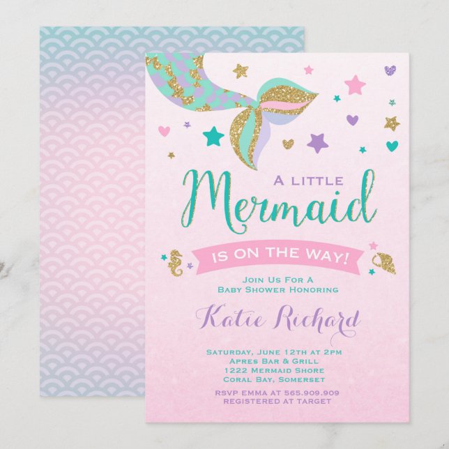 Mermaid Baby Dusche Einladung Pink Aquamarin Lila (Vorne/Hinten)