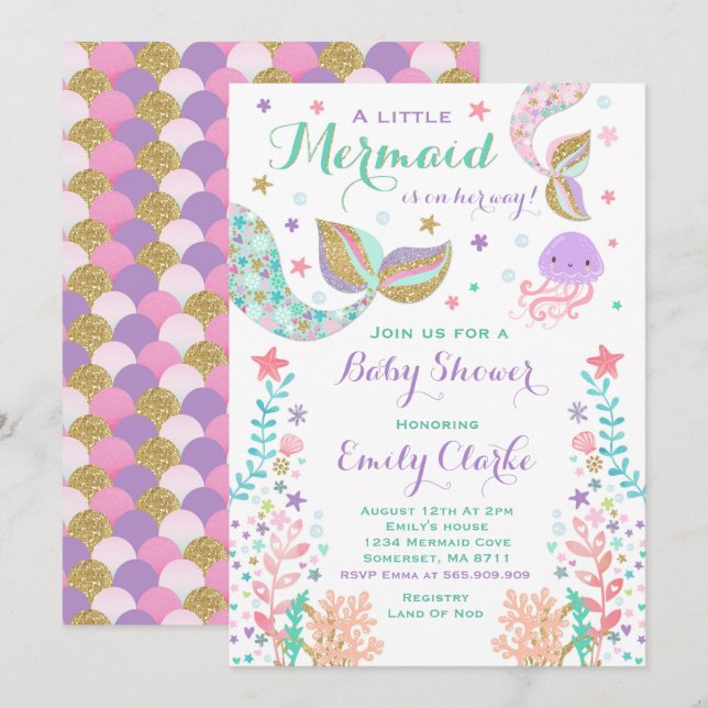 Mermaid Baby Dusche Einladung Pink Gold Dusche (Vorne/Hinten)