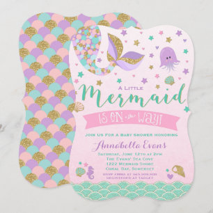 Mermaid Baby Dusche Einladung Pink Lila Aquamarin