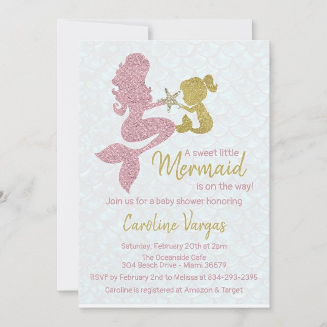 Mermaid Baby Dusche Einladung Rose Gold & Gold (Vorderseite)