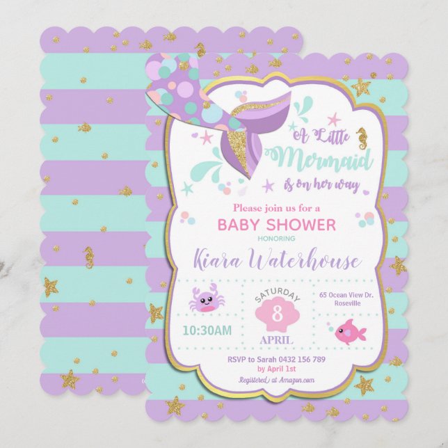 Mermaid Baby Dusche Einladungs-Card Mädchen Einladung (Vorne/Hinten)