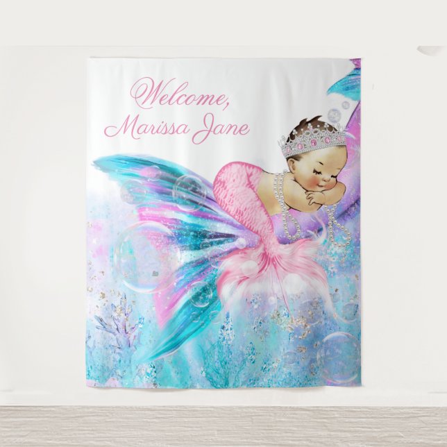 Mermaid Baby Dusche Hintergrund Brünett Mermaid Wandteppich (Vorderseite)