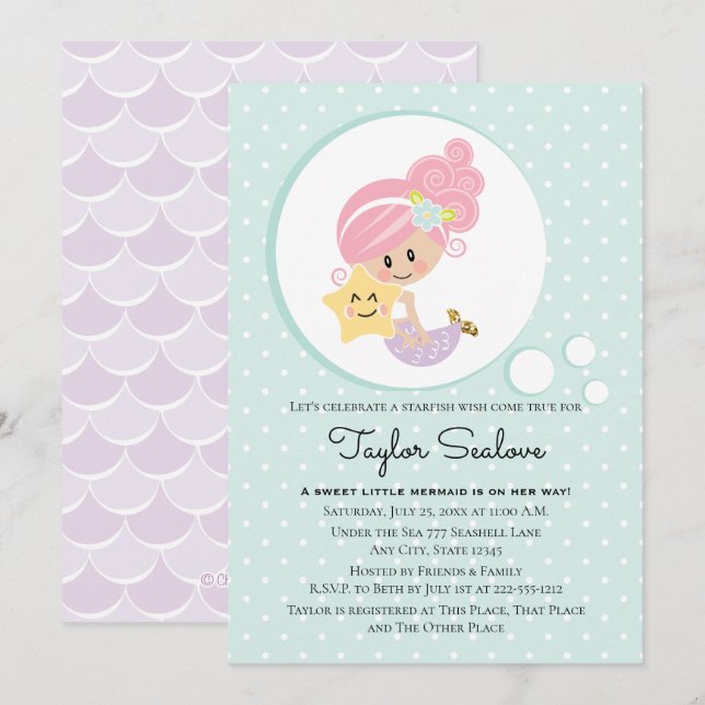 Mermaid Baby Dusche Light Skin Tone Einladung (Vorne/Hinten)