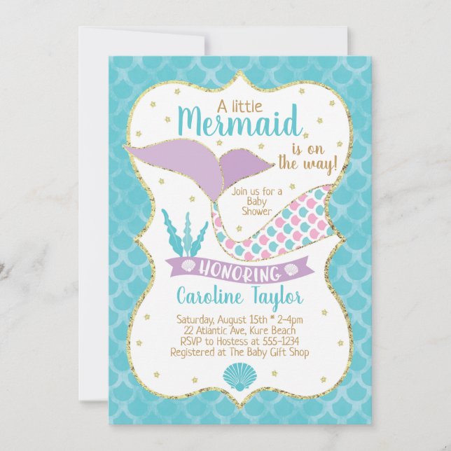 Mermaid Baby Dusche Lila und türkis Einladung (Vorderseite)