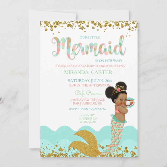 Mermaid Baby Girl American Peach Mint Gold Einladung (Vorderseite)
