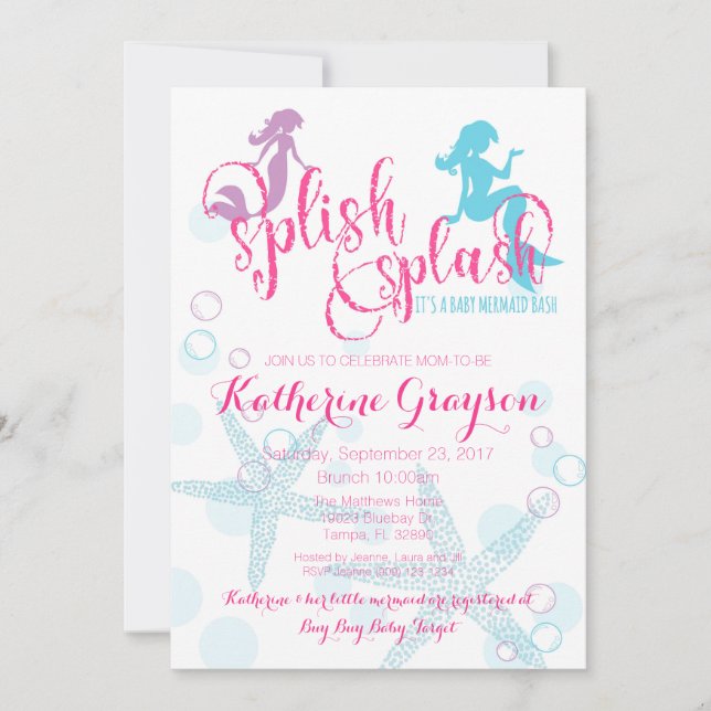 Mermaid Baby Girl Babydusche Einladung (Vorderseite)