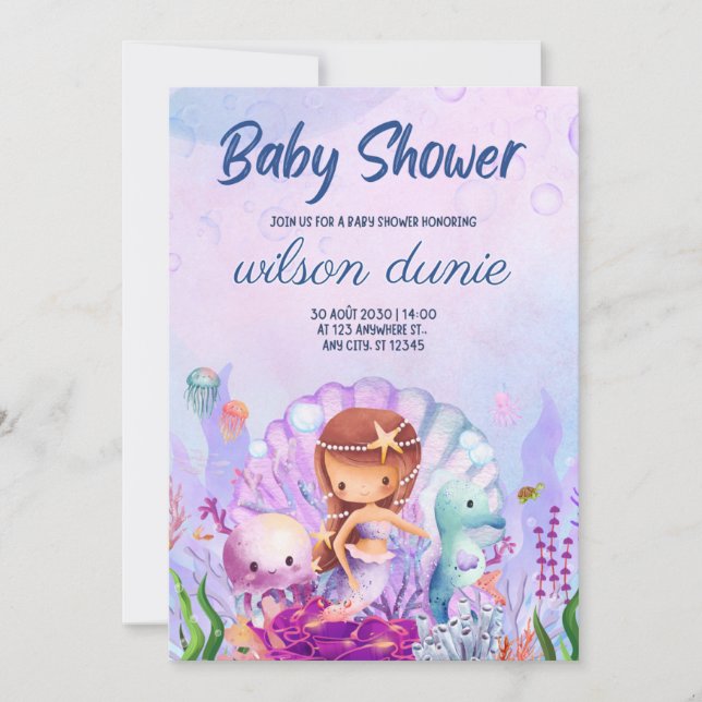 Mermaid Baby Girl Babydusche Einladung (Vorderseite)