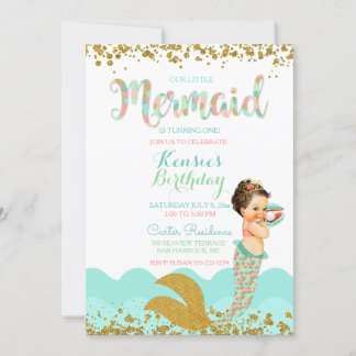 Mermaid Baby Girl Peach Coral Mint Gold Einladung