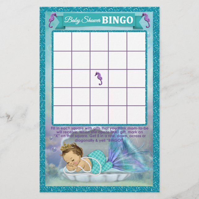 Mermaid Baby Shower Bingo Game Card #130 (Vorderseite)