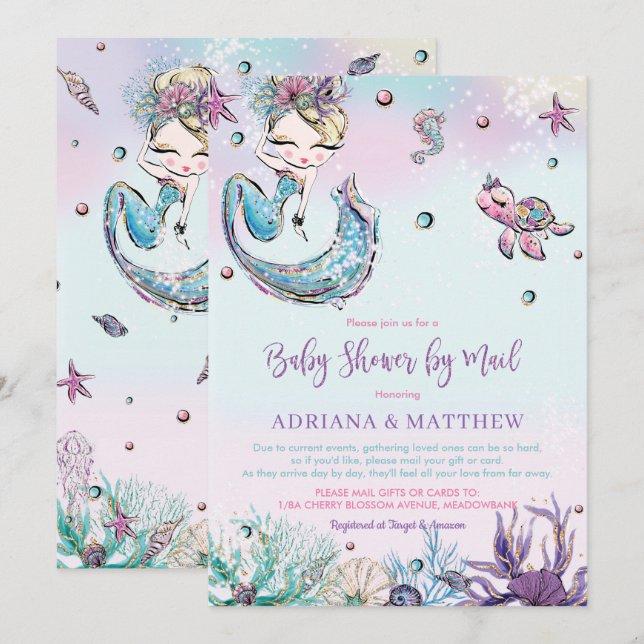 Mermaid Baby Shower by Mail Long Distance Virtual Einladung (Vorne/Hinten)