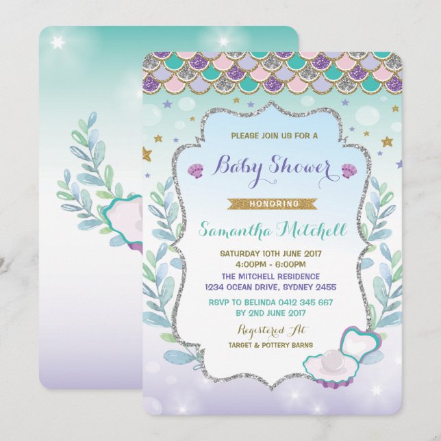 Mermaid Baby Shower Einladung Lila Gold Ocean (Vorne/Hinten)