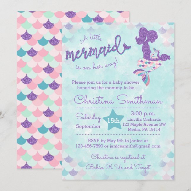 Mermaid Baby Shower Einladungen für ein Baby Girl (Vorne/Hinten)