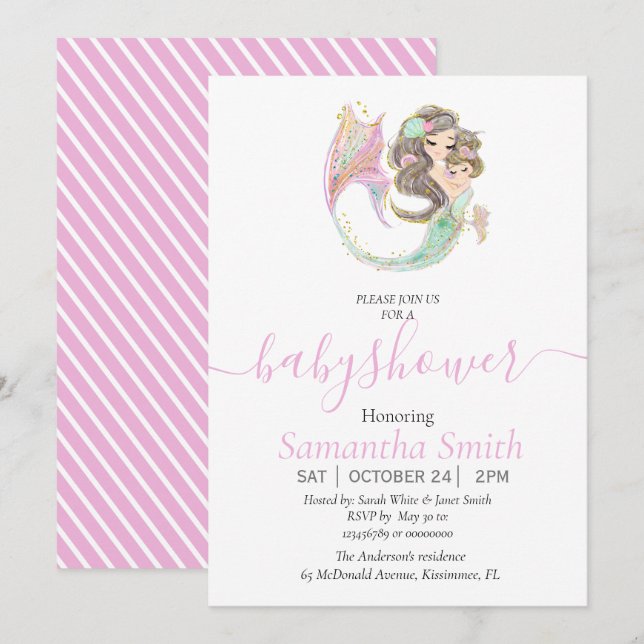 MERMAID BABY SHOWER SEA PINK Einladung (Vorne/Hinten)