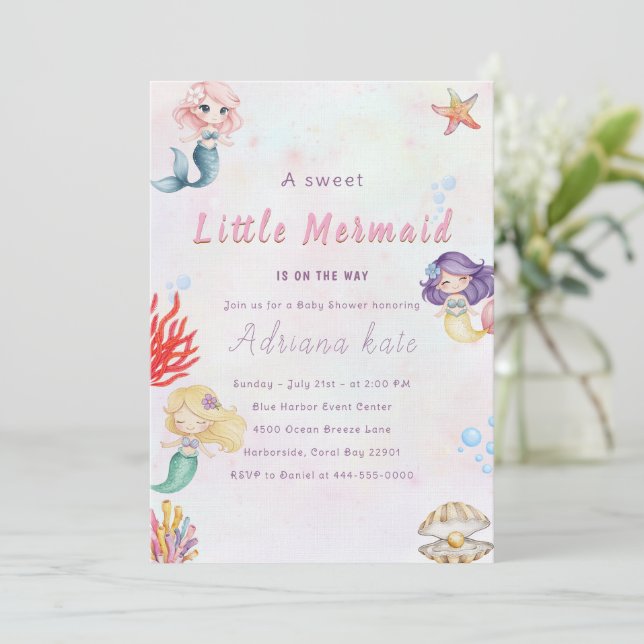 Mermaid Baby Shower Under the Sea Baby Girl Invita Einladung (Stehend Vorderseite)