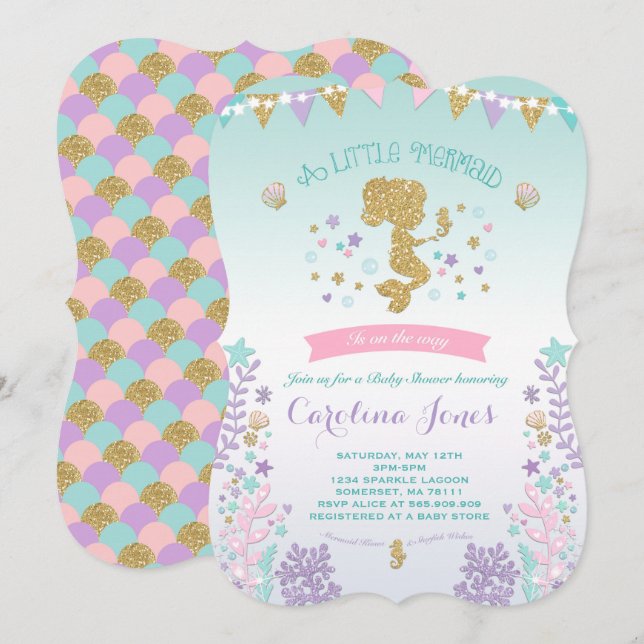 Mermaid Babydusche Einladung Pink Aquamarin Lila (Vorne/Hinten)