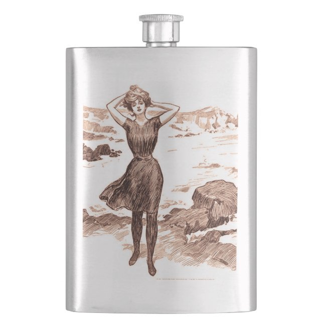 Mermaid Beach Gibson Girl Viktorianisch Antique Flachmann (Vorderseite)