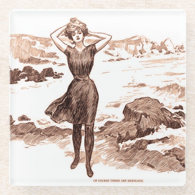 Mermaid Beach Gibson Girl Viktorianisch Antique Glasuntersetzer (Vorderseite)