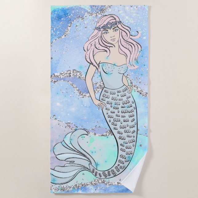 Mermaid Beautiful Ocean Blue Aquamariner Glitzer C Strandtuch (Vorderseite)