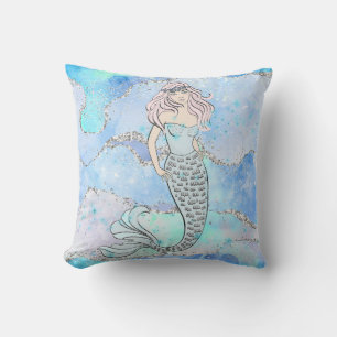 Mermaid Beautiful Underwater Blue Aquamariner Glit Kissen