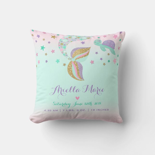 Mermaid Birth Stats Throw Pillow Mermaid Nursery Kissen (Vorderseite)